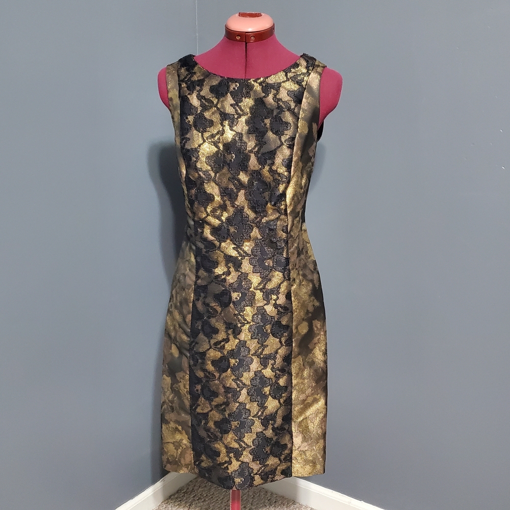 Donna Ricco Black and Gold Lace Midi Shift Sheath Dress - Picture 1 of 7